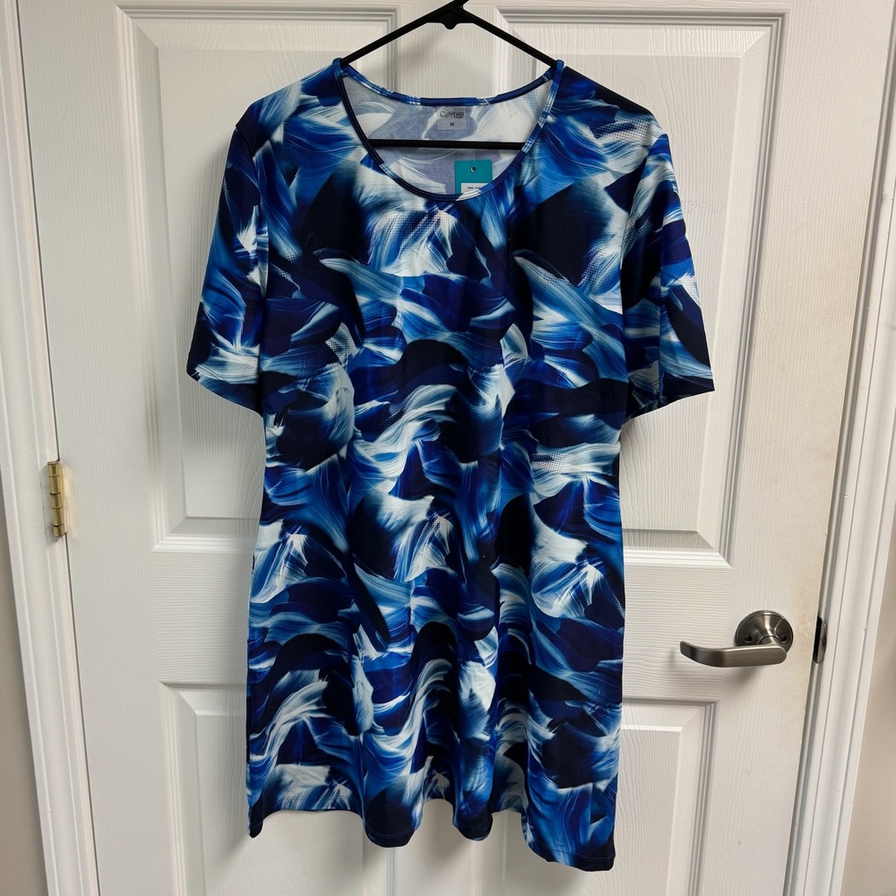 Calypsa Betty Swim Dress Womens 2X Blue Abstract Modest Short Sleeve NWT